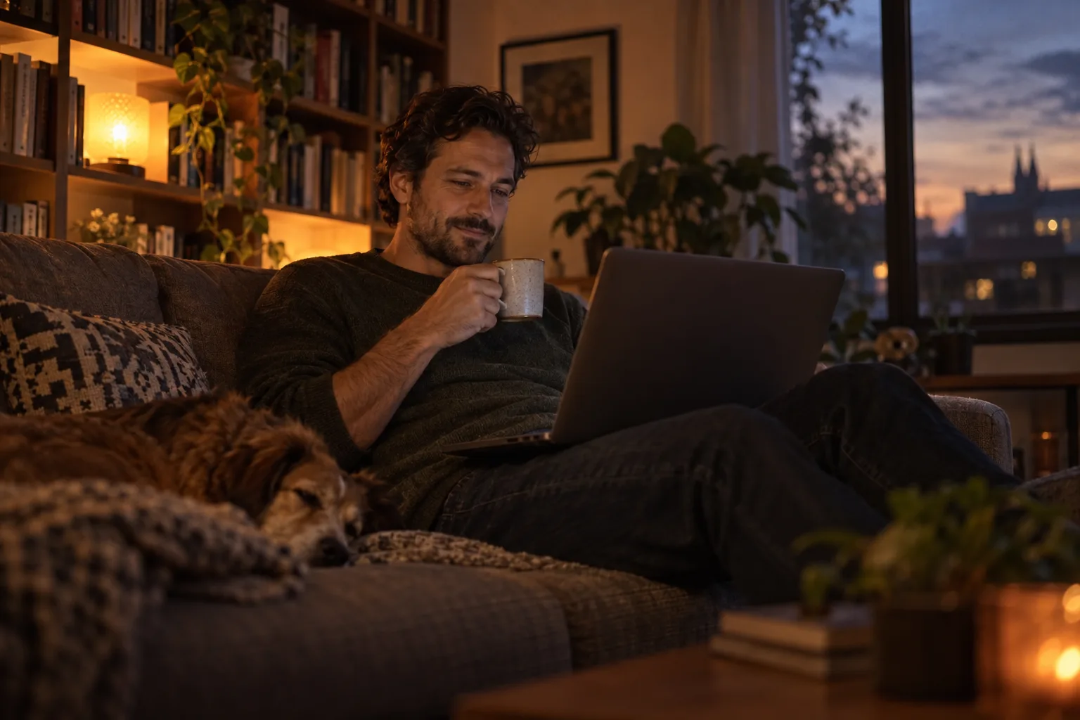 A man on a sofa in a lamp-lit living room with a laptop on his knees and a mug in hand.