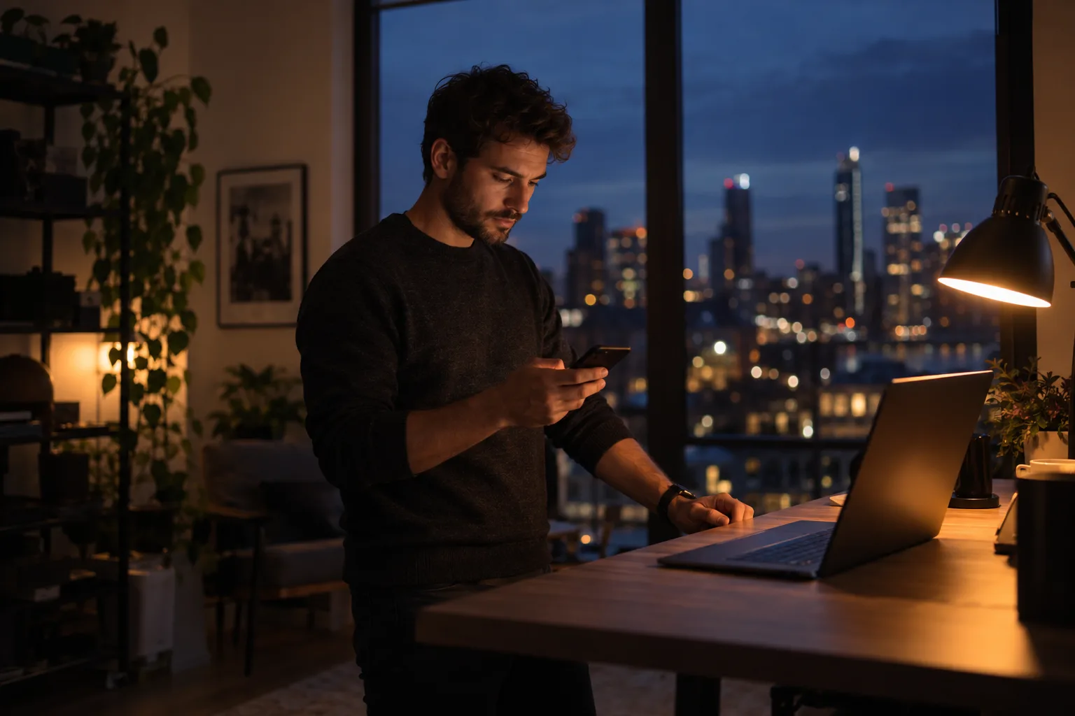 An engineer at a standing desk at dusk checking a phone, laptop open, city lights through the window.
