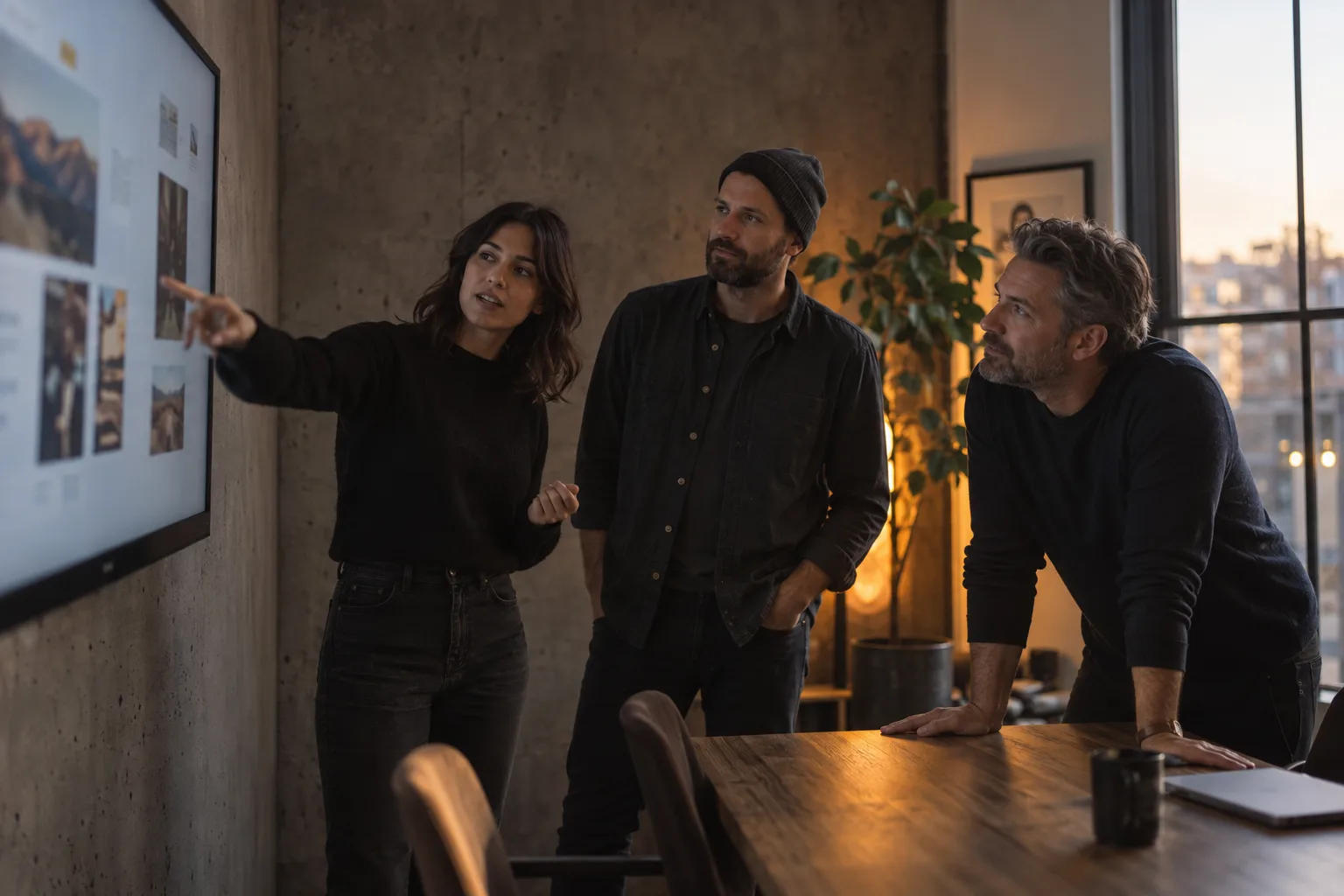 Two team members walking a business owner through a plan on a wall display in a concrete meeting room.
