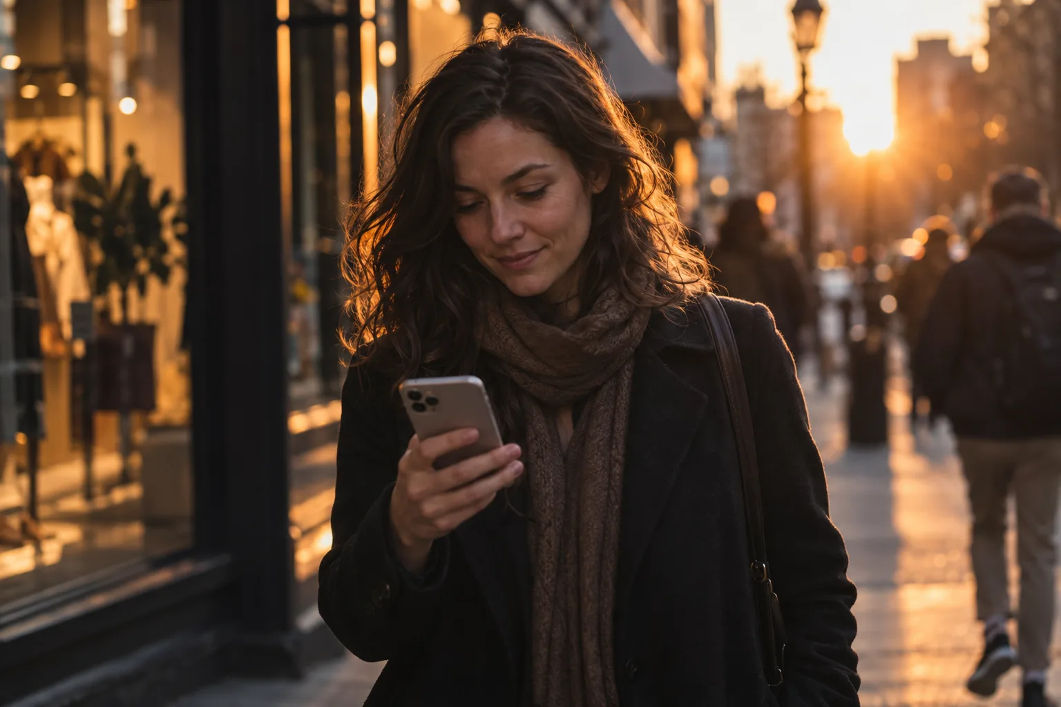 A woman on a city sidewalk at golden hour reading an answer on her phone.