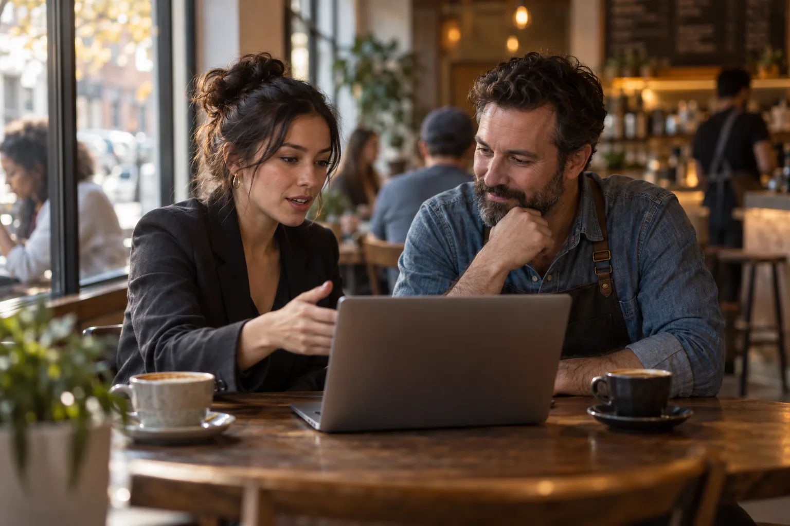 An analyst and a cafe owner side by side at a wooden table, the analyst gesturing at a laptop.